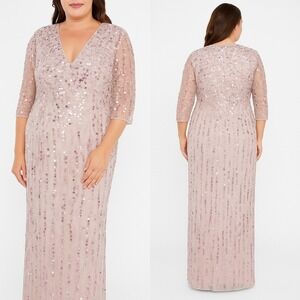 Mac Duggal 93871 Lilac Gown Sequin Mesh Illusion Sleeve Column‎ Dress Size 16